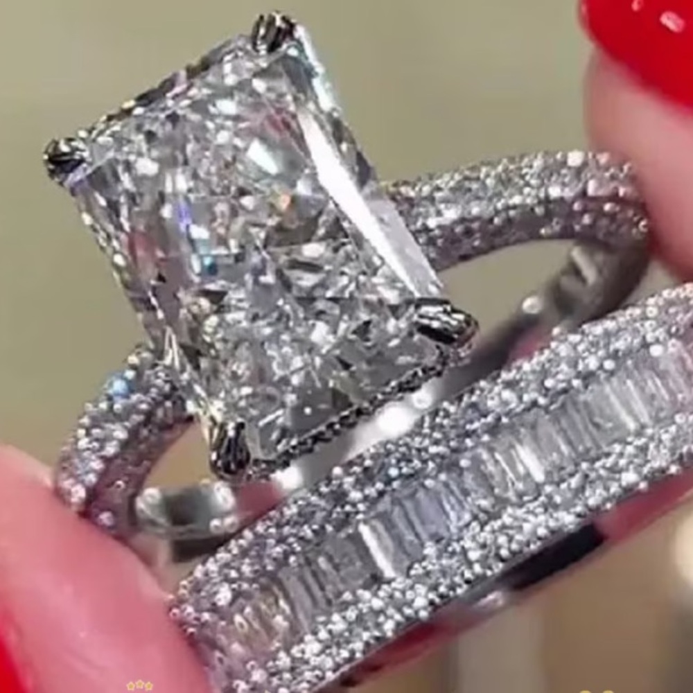 Sterling Silver Radiant Moissanite Bridal Ring Set in Silver